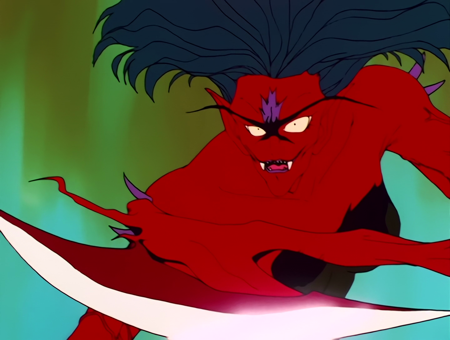 Garoben, a Youma from Sailor Moon episode 8. She has vivid red skin and black hair styled to somewhat resemble a mortarboard. She also has fangs, a purple mark on her forehead and extremely long eyebrows, and one of her arms is currently shapeshifted into a large axe.